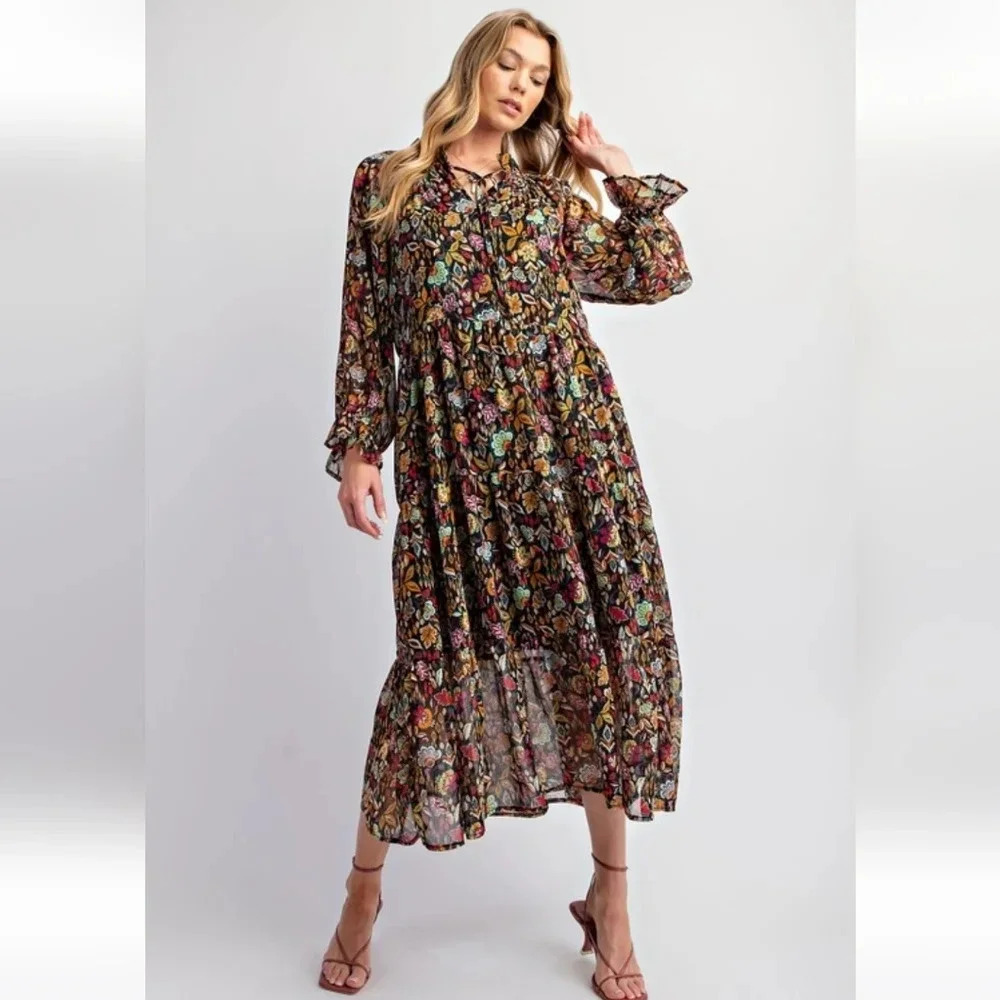 New Easel Black Floral Chiffon Midi Dress